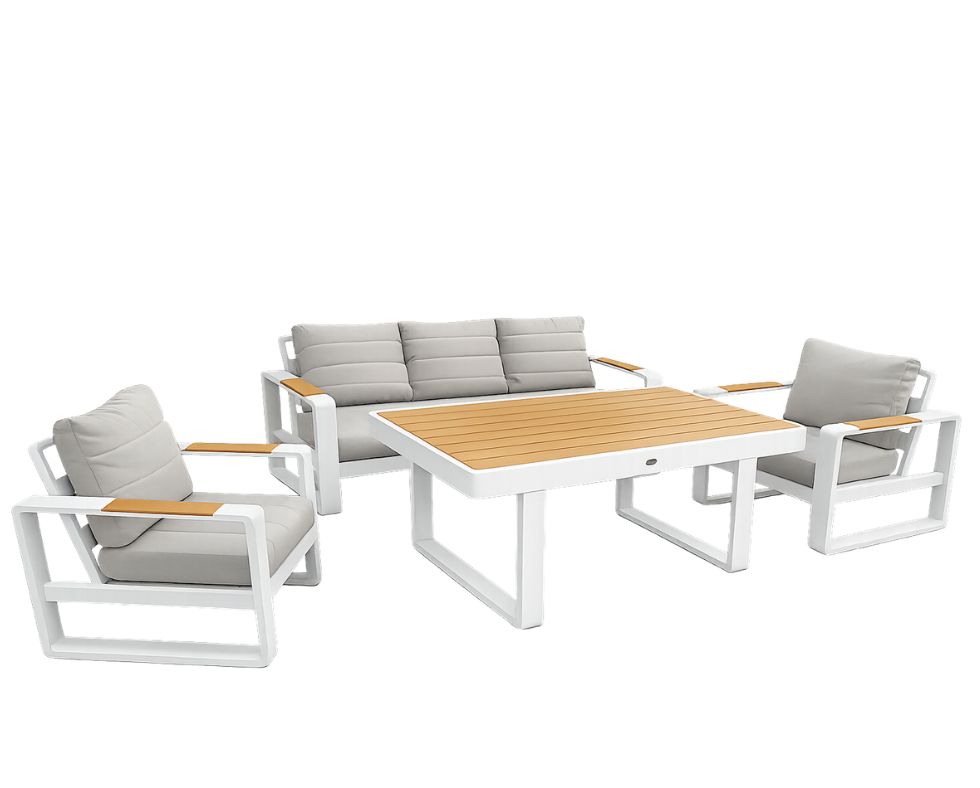 – PALMA – White Aluminium Sofa Set 4 Pieces With Light gray Cushions
