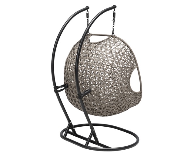 E 07/26 - Double Folding Hanging Egg Chair. Dark Gray powder-coated metal stand. Dark Gray cushions. Metal egg structure covered with two-tone Ash Grey & Dark Taupe PE rattan.
