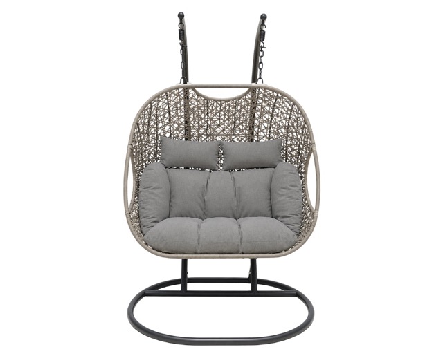 E 07/26 - Double Folding Hanging Egg Chair. Dark Gray powder-coated metal stand. Dark Gray cushions. Metal egg structure covered with two-tone Ash Grey & Dark Taupe PE rattan.