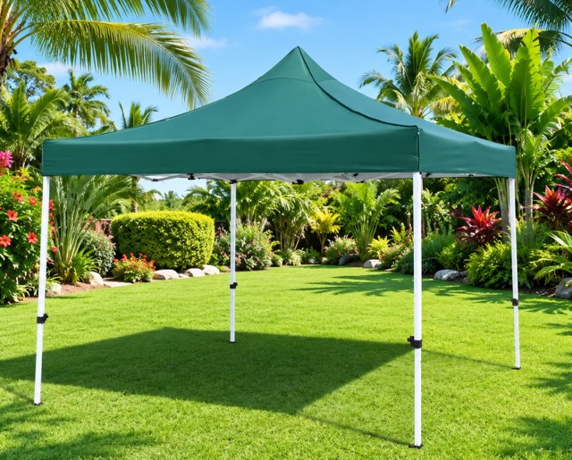 E 07/26 - Folding Gazebo 3 x 3 m Toit Polyester vert Armature metal peint Blanc. Partie Basse du toit H 130/180