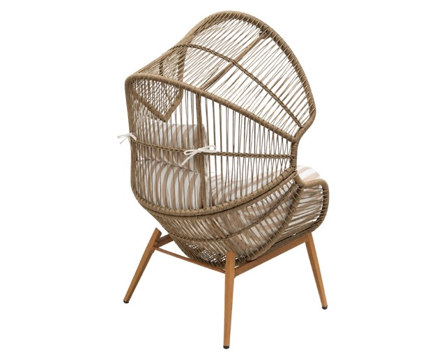 E 07/26 - Relaxing Armchair Egg Steel Frame. Powder-Coating Heat Transfer Onto Wood-Effect Metal Base. Light Brown & Beige Striped Cushions. Beige PE Rattan Covered Egg Metal Structure. (2)