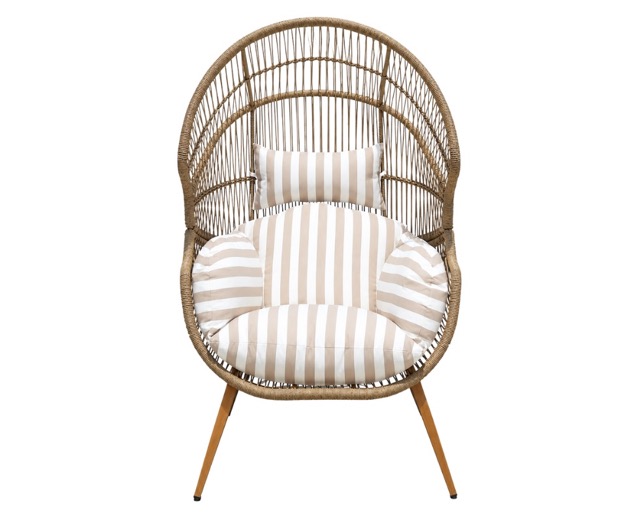 E 07/26 - Relaxing Armchair Egg Steel Frame. Powder-Coating Heat Transfer Onto Wood-Effect Metal Base. Light Brown & Beige Striped Cushions. Beige PE Rattan Covered Egg Metal Structure.