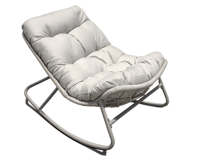 E 07/26 - Rocking Lounge Chair. Metal Structure with powder coated for the base structure and Covered with light Beige PE Rattan on the top. Tufted Light Beige Cushion.