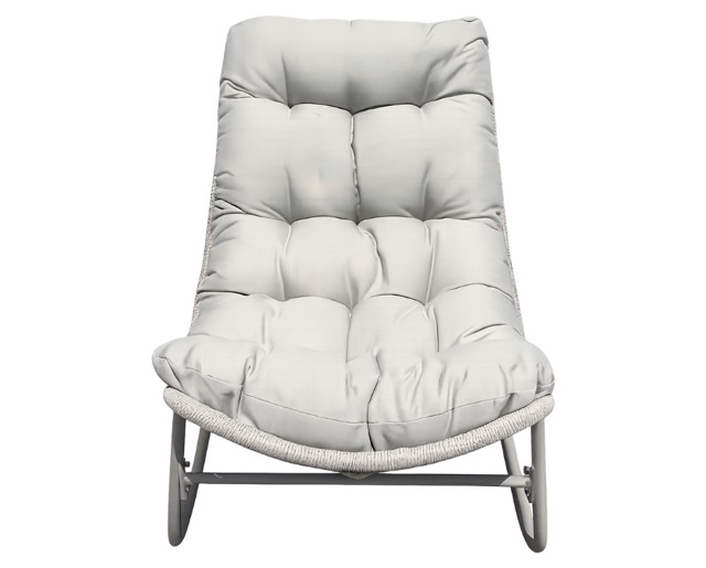 E 07/26 - Rocking Lounge Chair. Metal Structure with powder coated for the base structure and Covered with light grey PE Rattan on the top. Tufted Light grey Cushion.