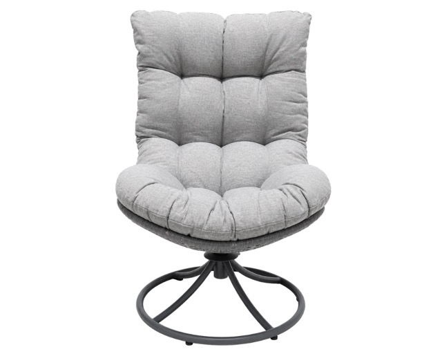 E 07/26 - Swivel Lounge Chair. Metal Structure Liht Gray . Seat & Backrest Metal painted and covered Light Gray PE Rattan. Tufted Light Gray Cushions